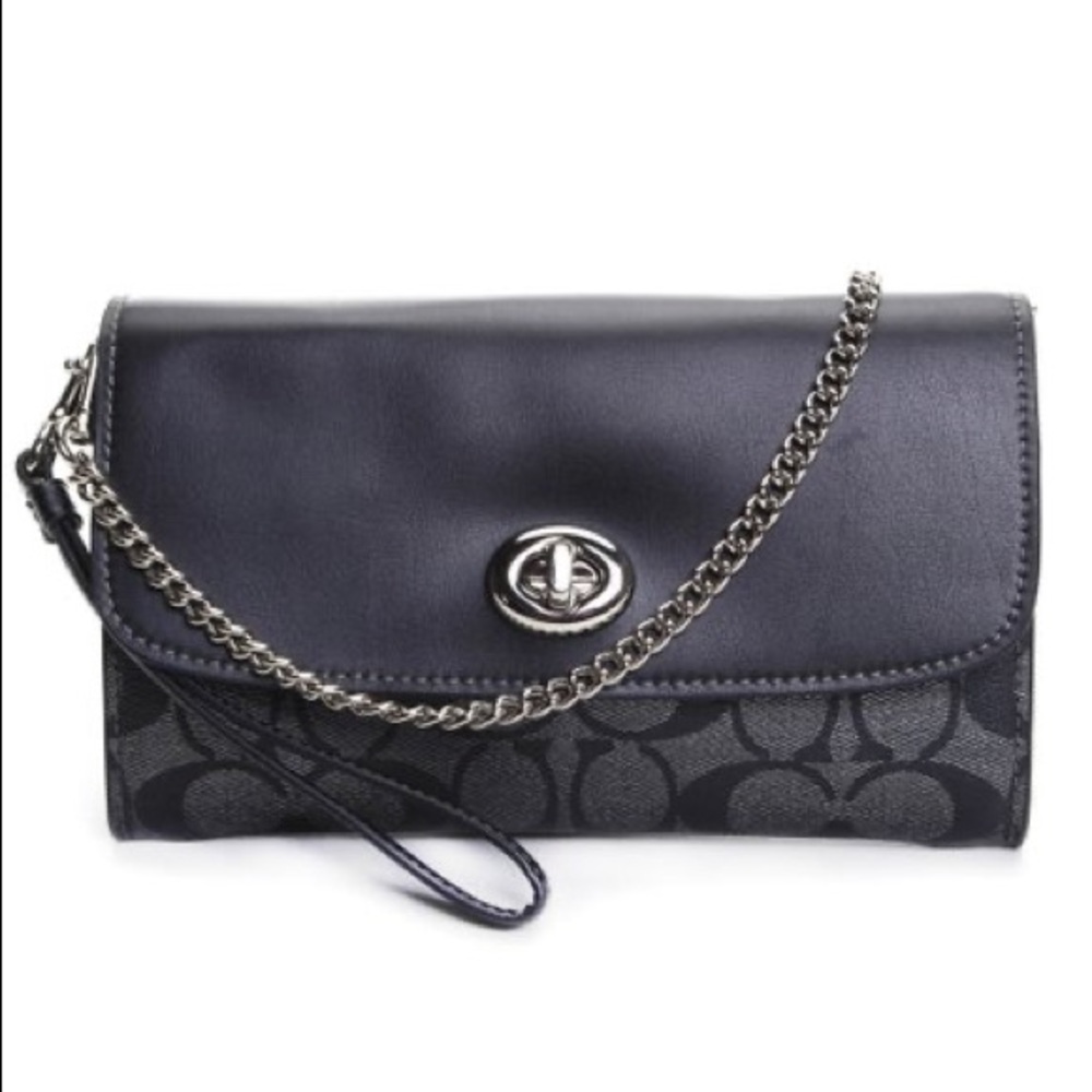 Coach Metallic Silver Gunmetal Coated Canvas Chain Cross Body Bag